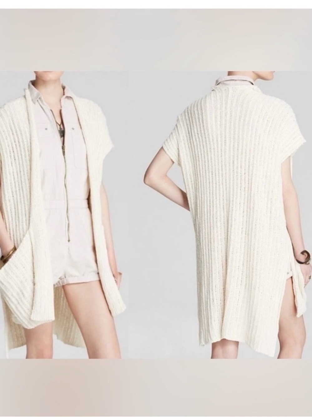 Free People Beachy‎ Cream Sloppy Pocket Ribbed Open Front Long Line Cardigan M